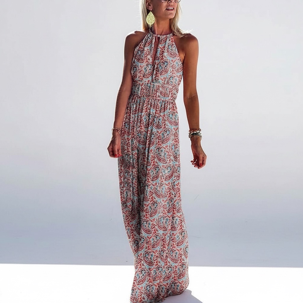 Robe longue Breezaya avec un motif cachemire multicolore et un col licou 