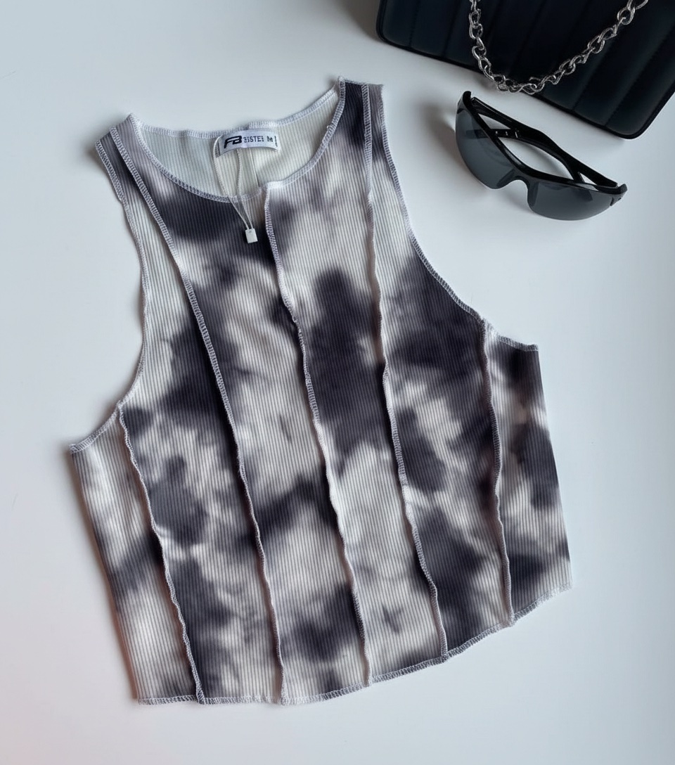 Crop top de la marque FB Sister (New Yorker) avec un motif tie-dye gris et blanc et des coutures apparentes taille M 38