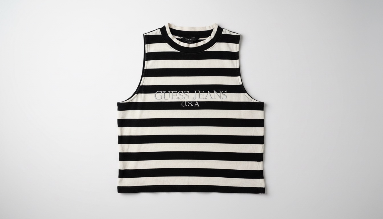 Débardeur GUESS JEANS à rayures noires et blanches comporte le logo brodé sur la poitrine