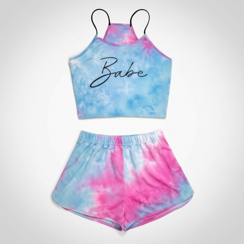 Cet ensemble SHEIN VCAY composé d'un top camisole et d'un short présente un motif tie-dye multicolore avec l'inscription Babe