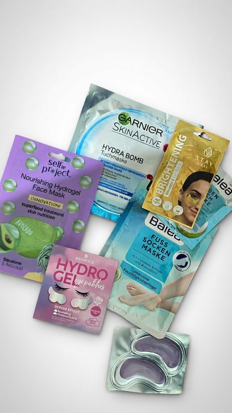 Des masques en tissu pour le visage et des patchs pour les yeux de marques comme Garnier, Balea, et Essence 