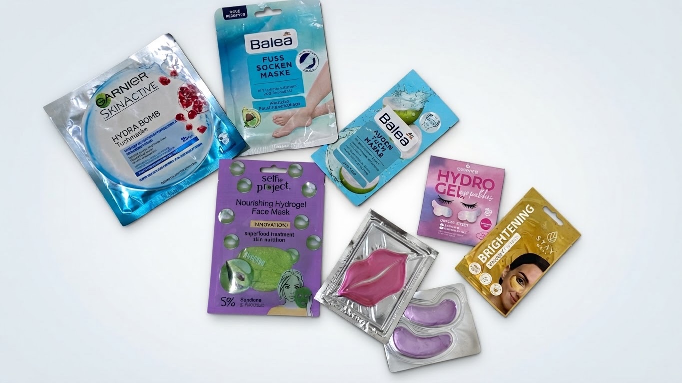 8 divers masques et patchs de soin pour le visage et le corps, notamment des marques Garnier SkinActive (Hydra Bomb), Balea, et Essence