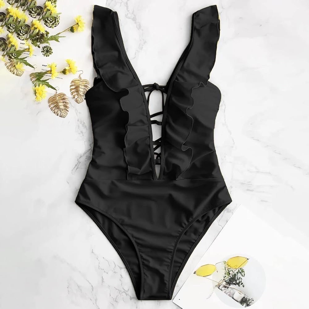 Maillot de bain une pièce noir avec des volants et un décolleté plongeant lacé taille 42