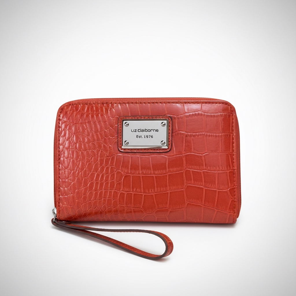  pochette Liz Claiborne rouge arbore une texture en faux cuir de crocodile et une plaque métallique