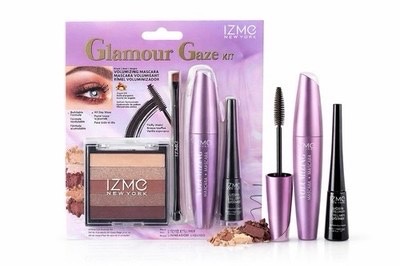 Kit de maquillage pour les yeux Izme New York Glamour Gaze, un ensemble de 4 pièces comprenant du mascara, un eye-liner liquide, un pinceau et une petite palette de fards à paupières 