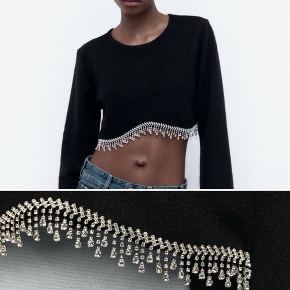 Top court côtelé noir sans couture avec des franges en strass de la marque Zara