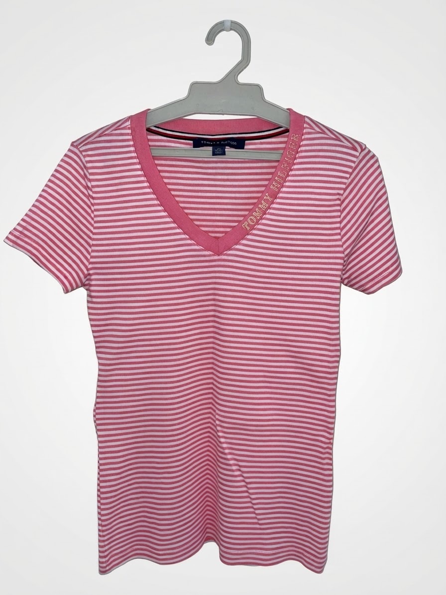 T-shirt Tommy Hilfiger rayé rose et blanc – XS