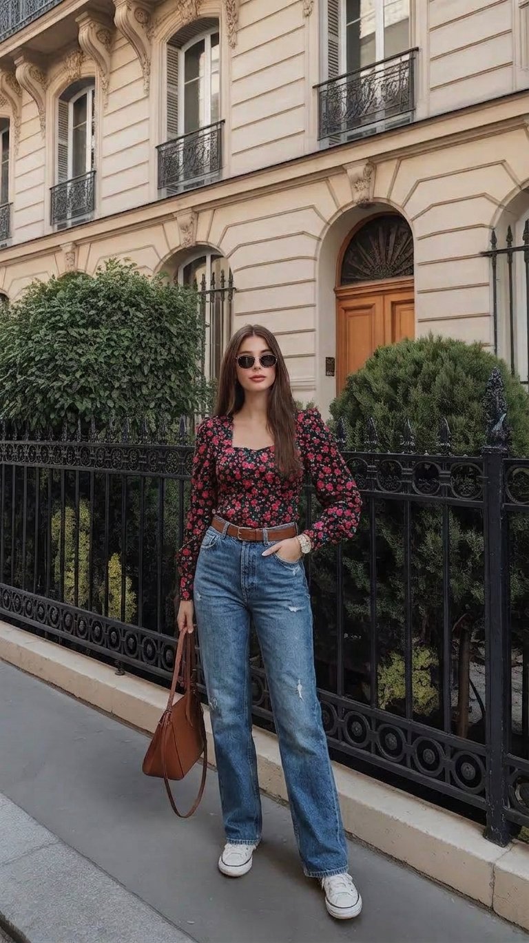 Haut noir floral à manches longues ✨