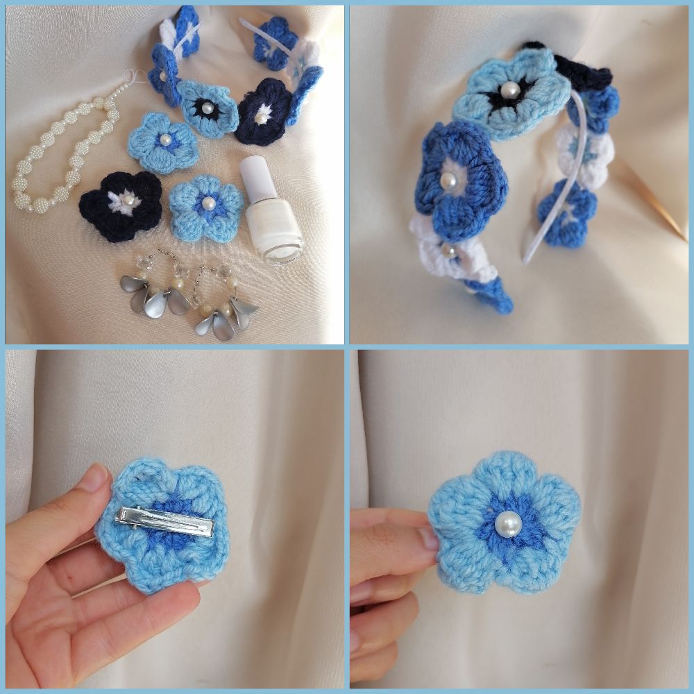 Serre tête Florale + 3 pince fleurs +accessoire téléphone (chaîne en perle) +vernis blanc + boucles d'oreilles 