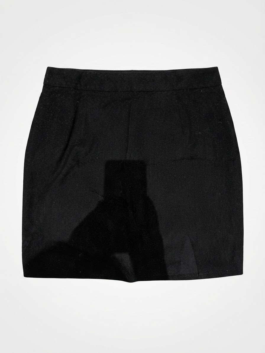 Jupe courte noire en tissu texturé avec une petite fente sur le bas