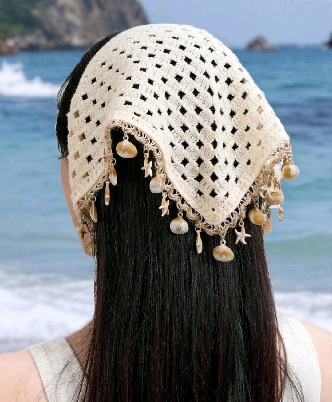 1 pièce Bandeau bandana bohème beige en crochet avec franges à coquillages et étoiles de mer, foulard de plage pour vacances, style côtier