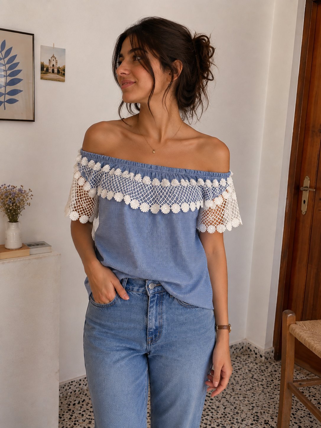 Jolie blouse off-shoulder bleu et blanc 💙🤍
