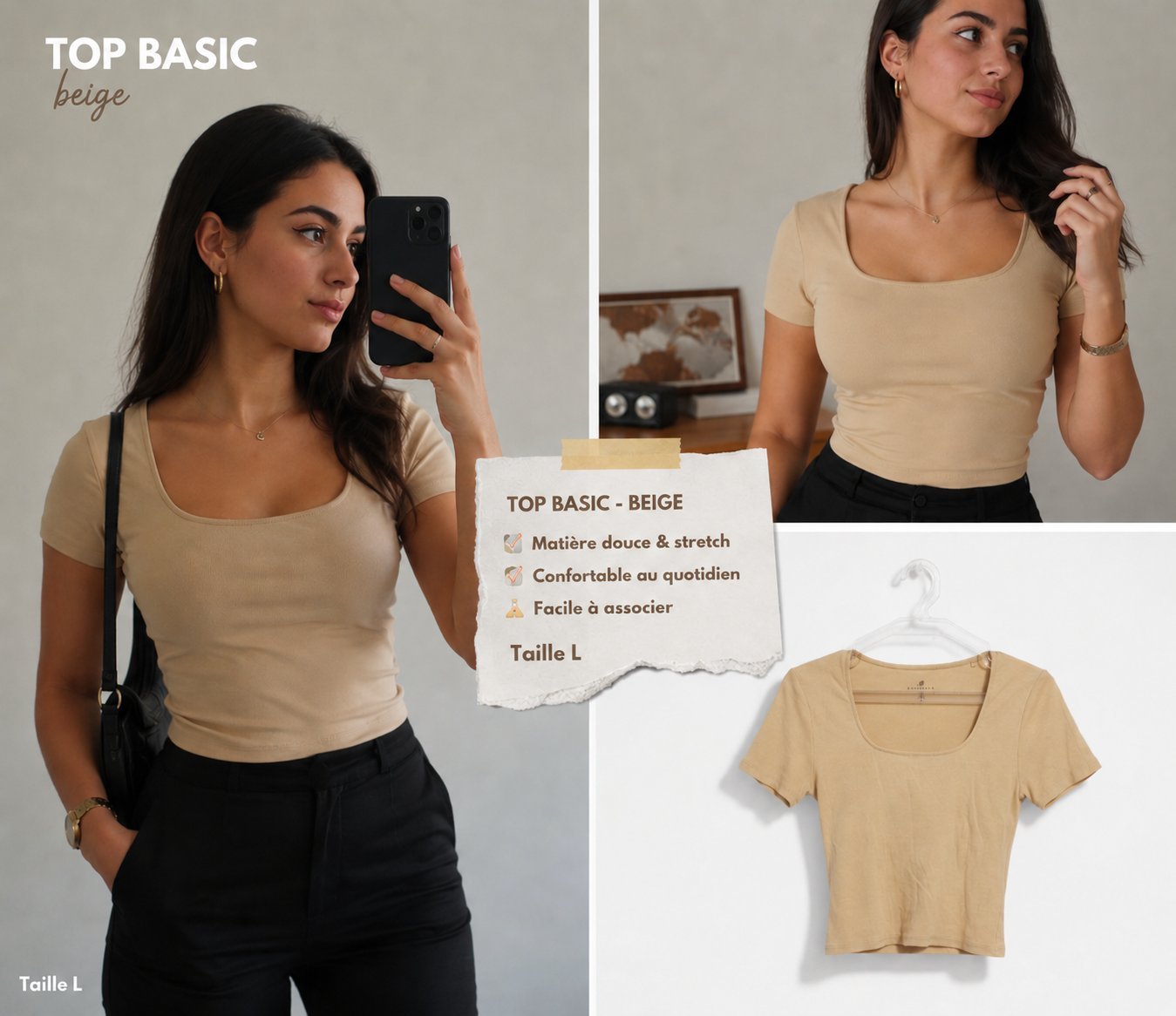 Top basic beige avec col carré 