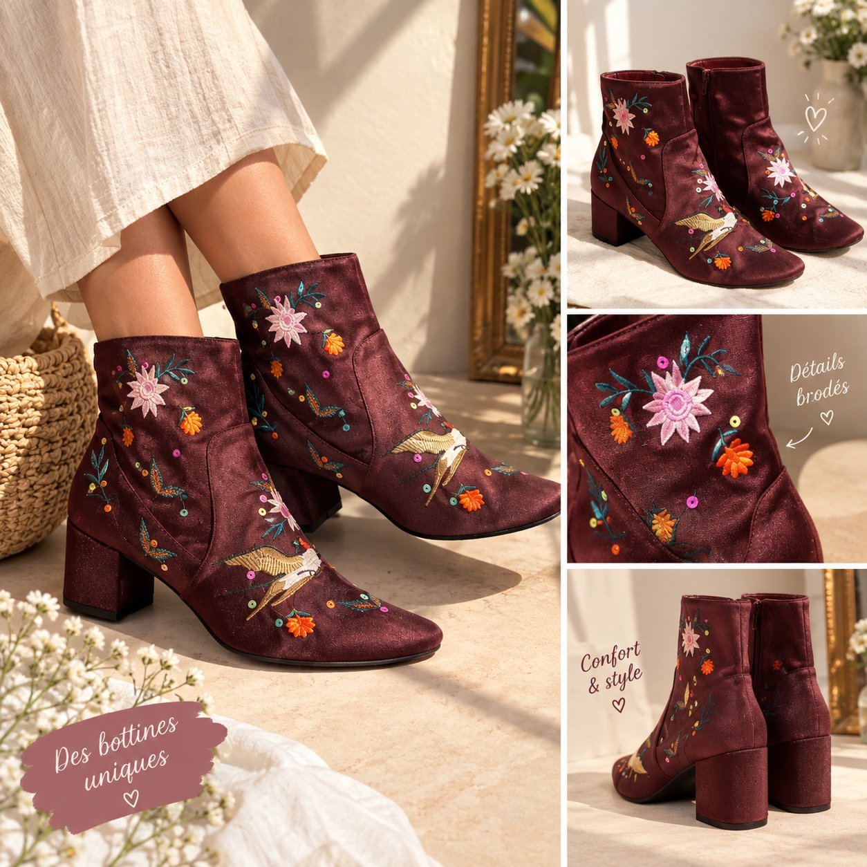 Bottines en satin bordeaux avec broderies de fleurs et d'oiseaux