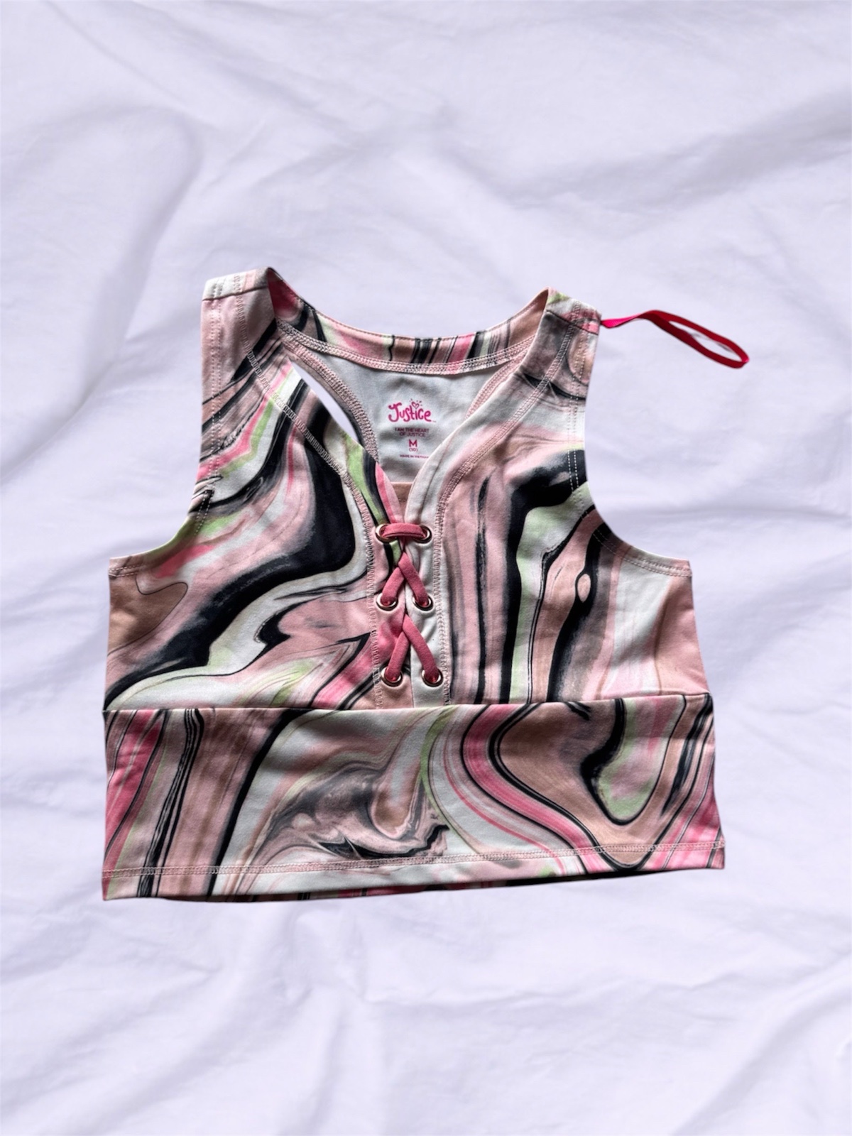 Justice pink marble print lace-up athletic crop top