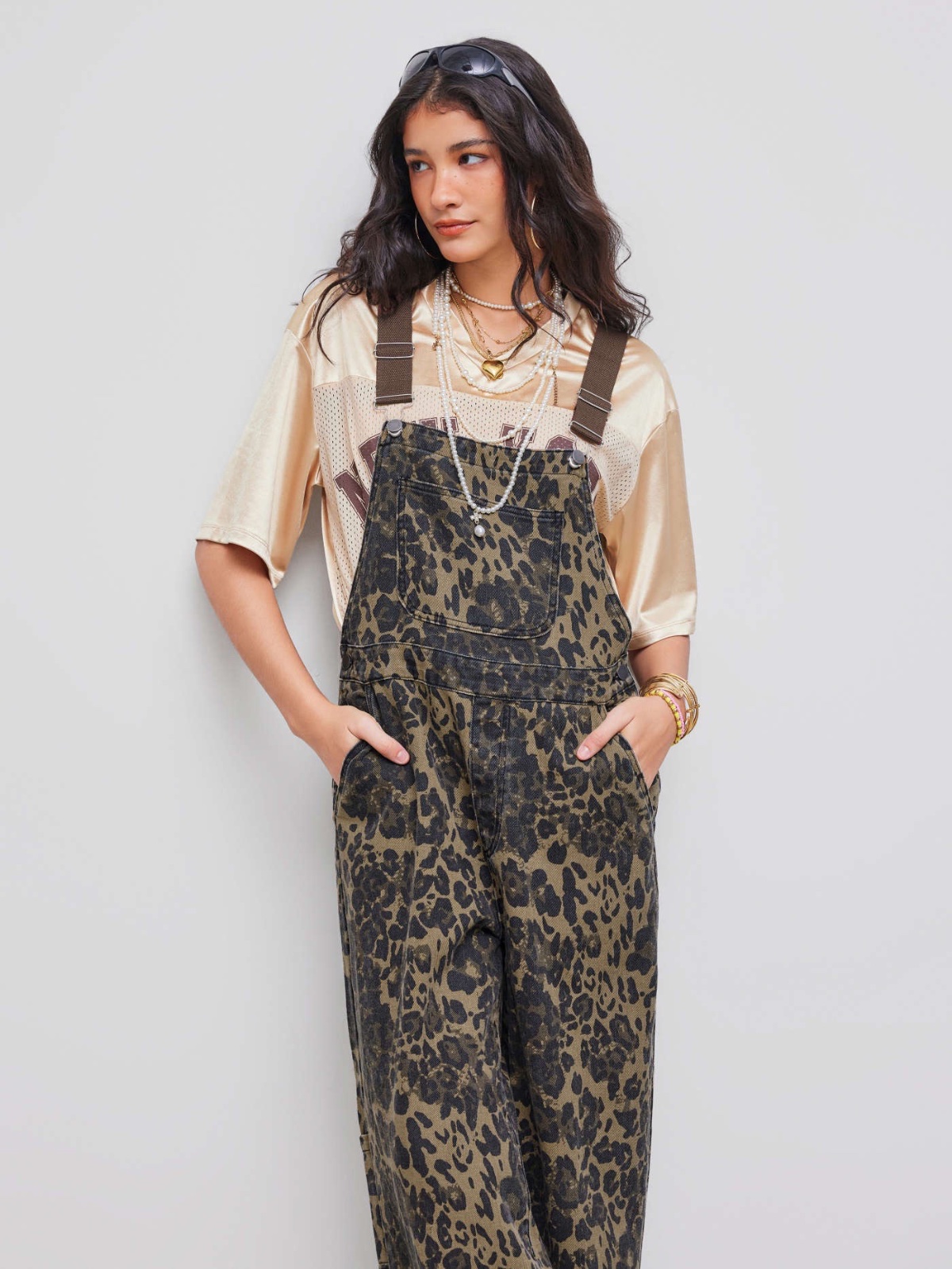  Denim Leopard Pocket Buckle Up Wide Leg Oversized Jumpsuit