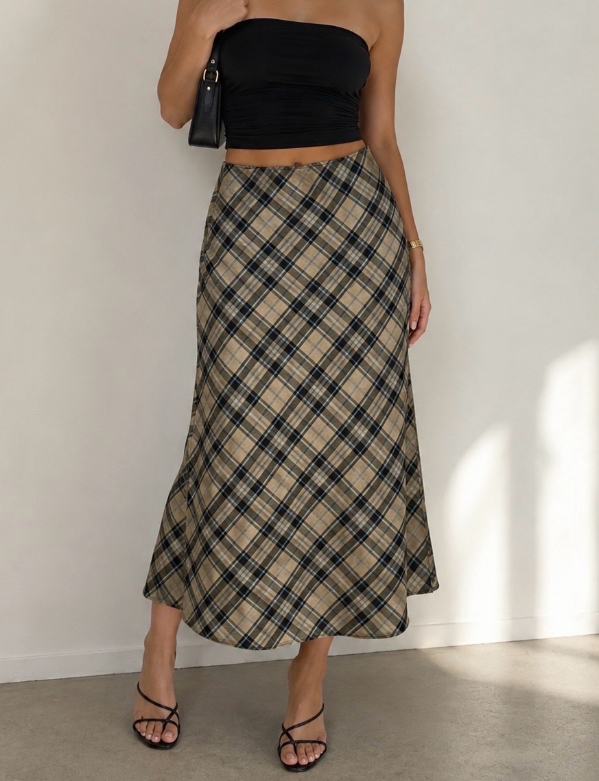 Long, high-waisted beige and black plaid midi skirt 