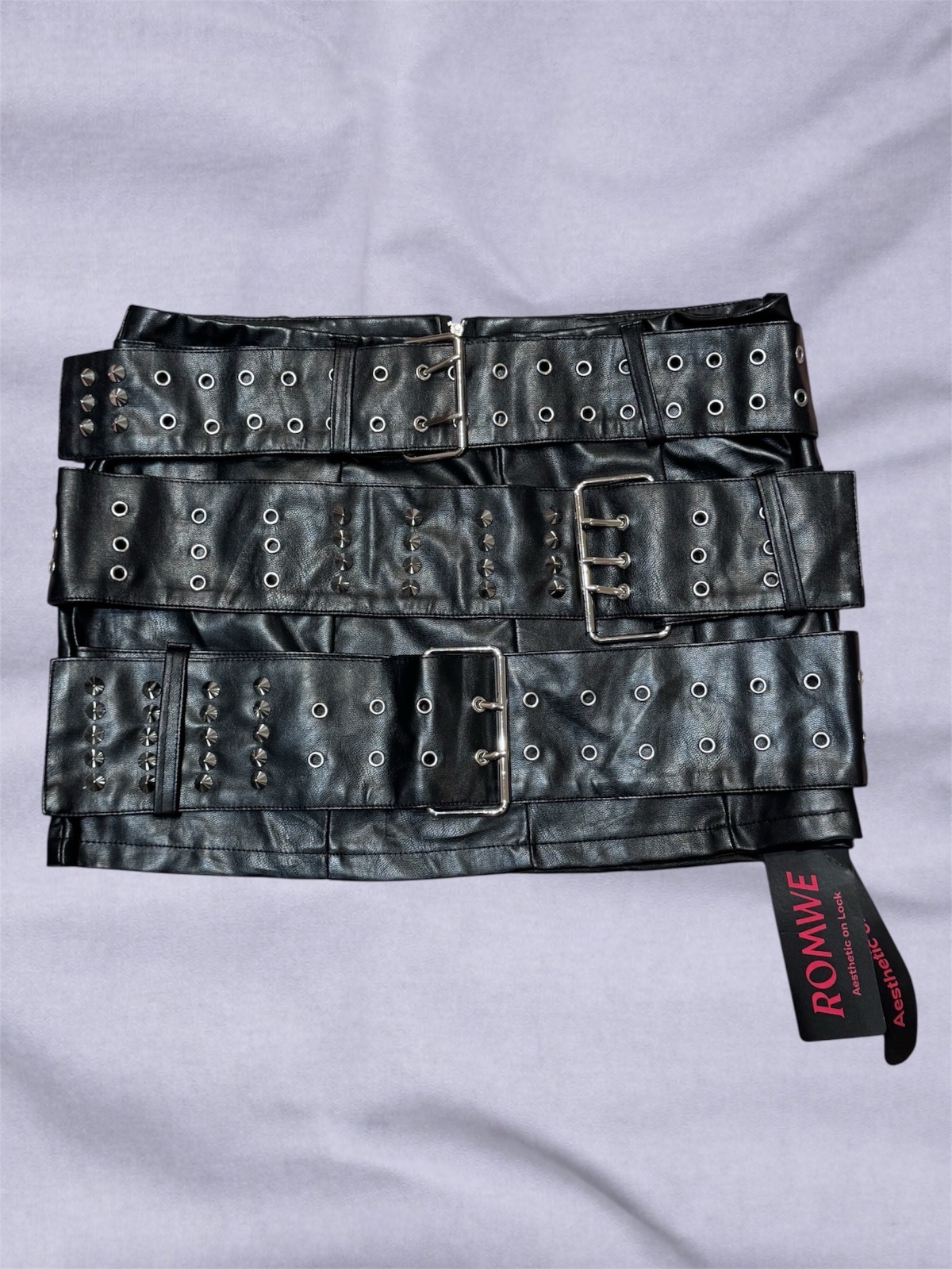 Black Faux Leather Multi-buckle Studded Mini Skirt