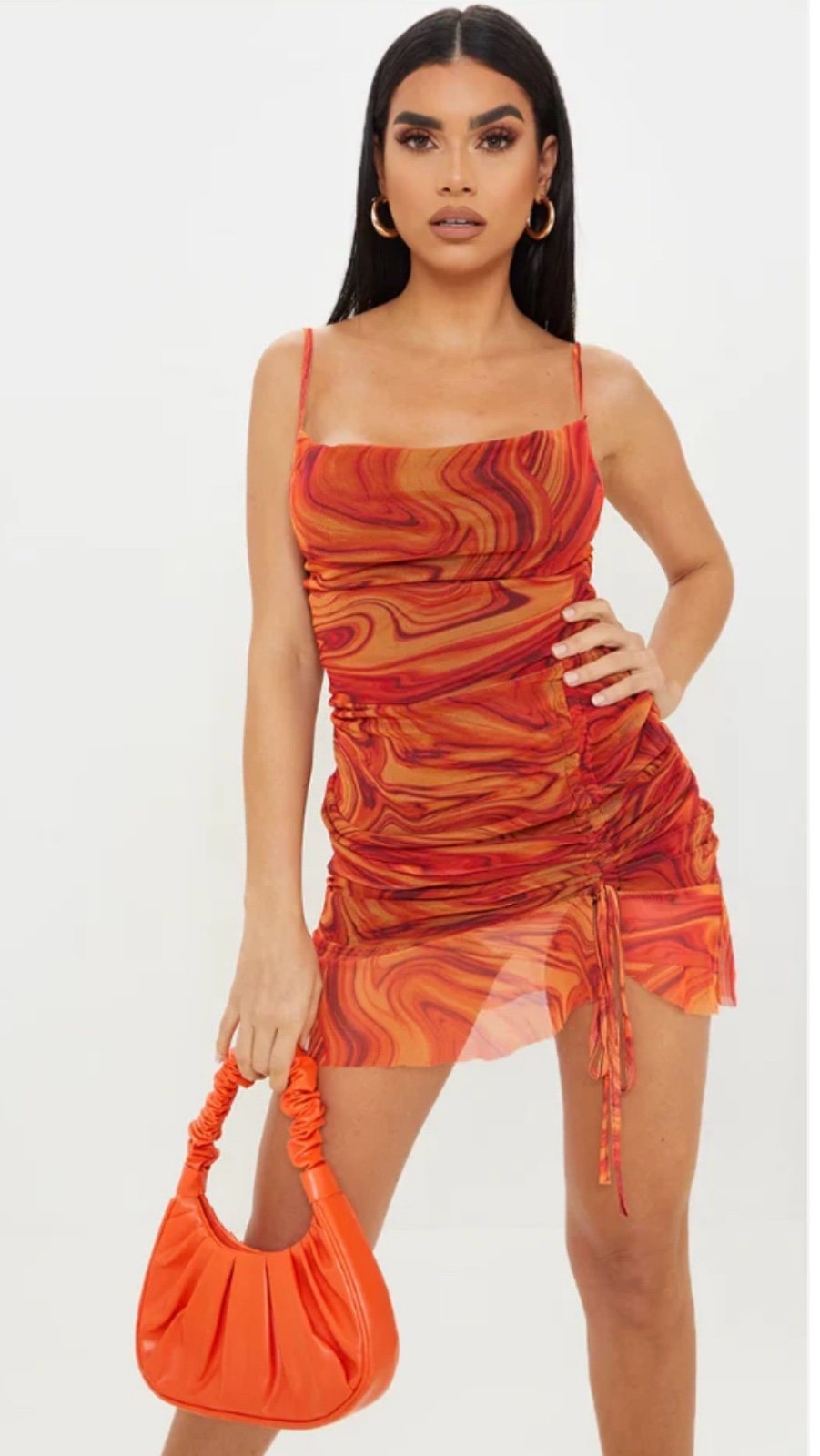 Orange Mesh Marble Print Ruched Bodycon Dress