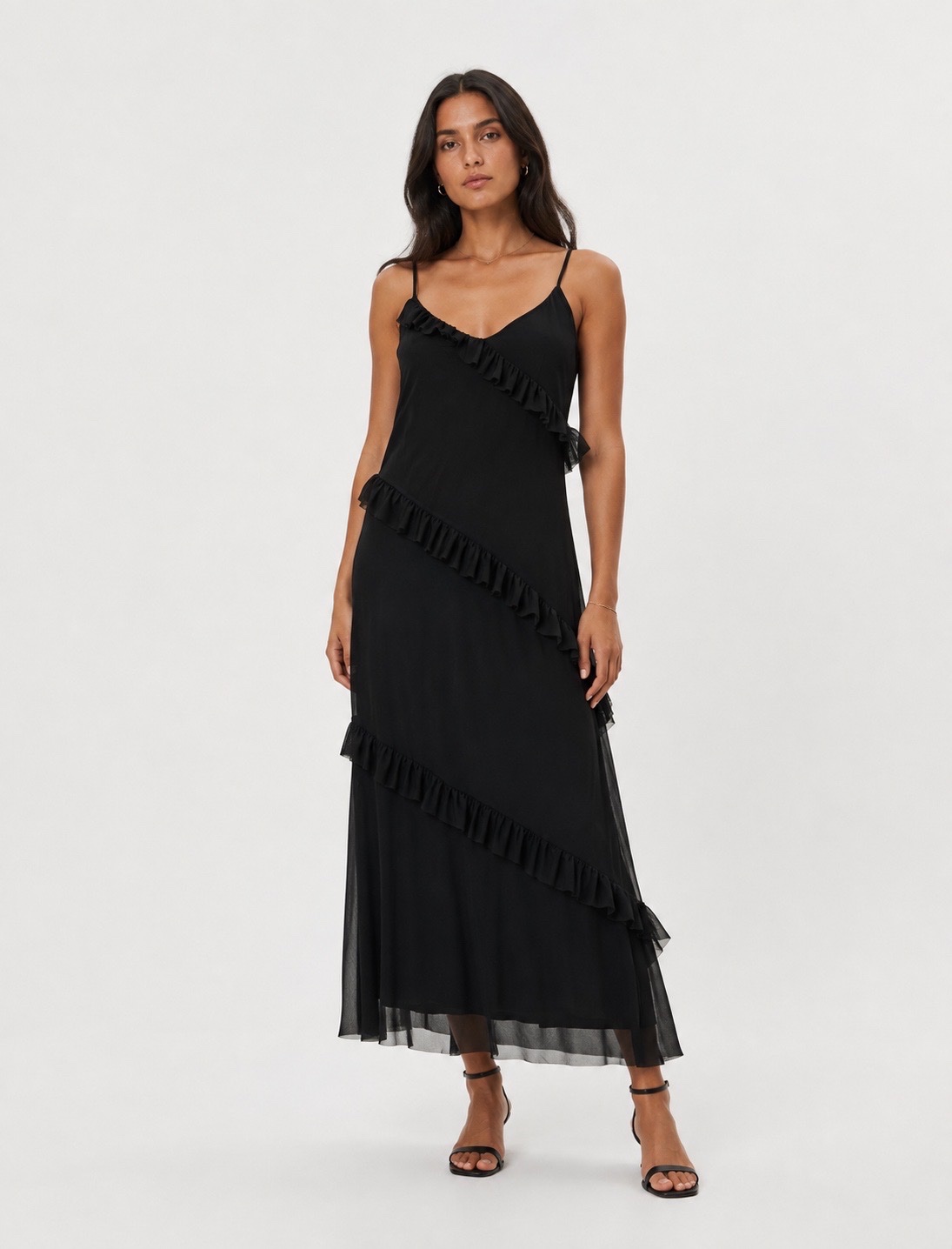 Ruffled Chiffon Slip Dress in Black