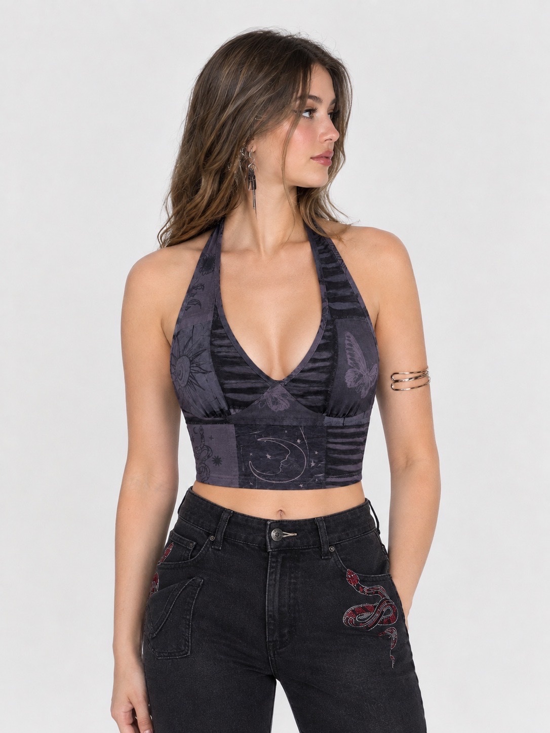 Sexy Gothic Dark Retro Star & Moon Printed Cut-Out Collage Tight Tank Top