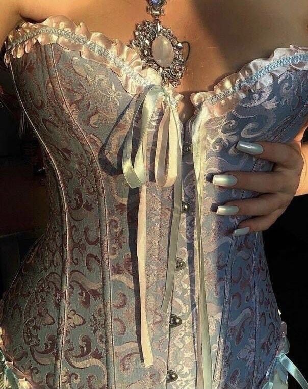 Light blue and pink floral brocade overbust corset