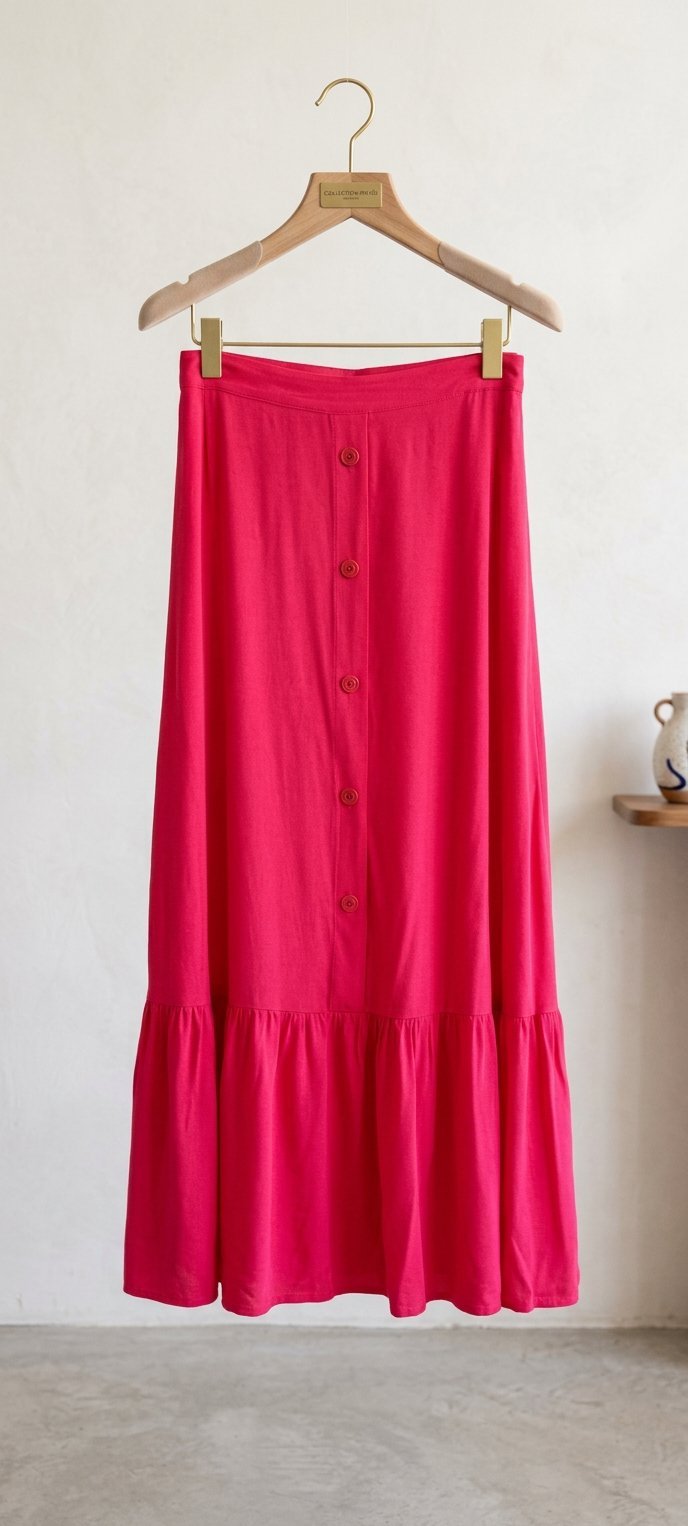 Jupe longue Sasio fuchsia rose vif à boutons – coupe fluide à volants – taille 40