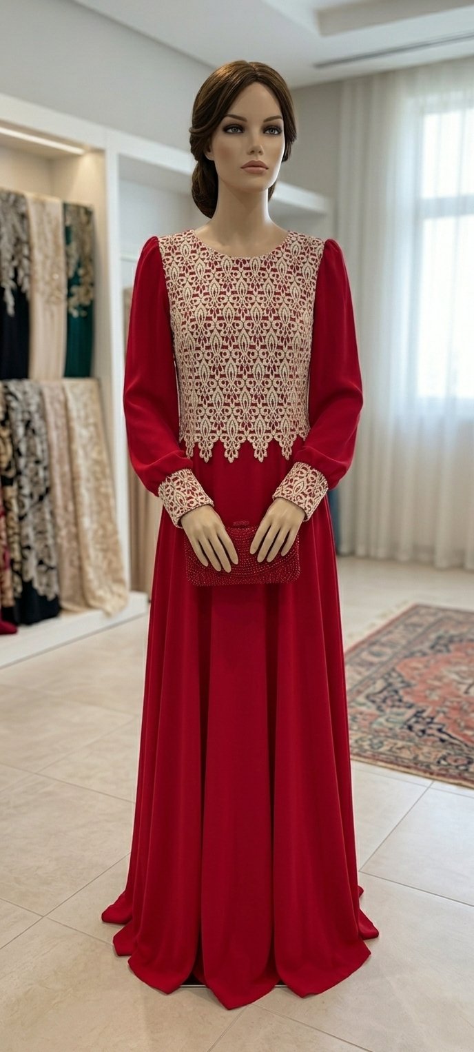 Robe rouge vif brodée avec foulard taille 38