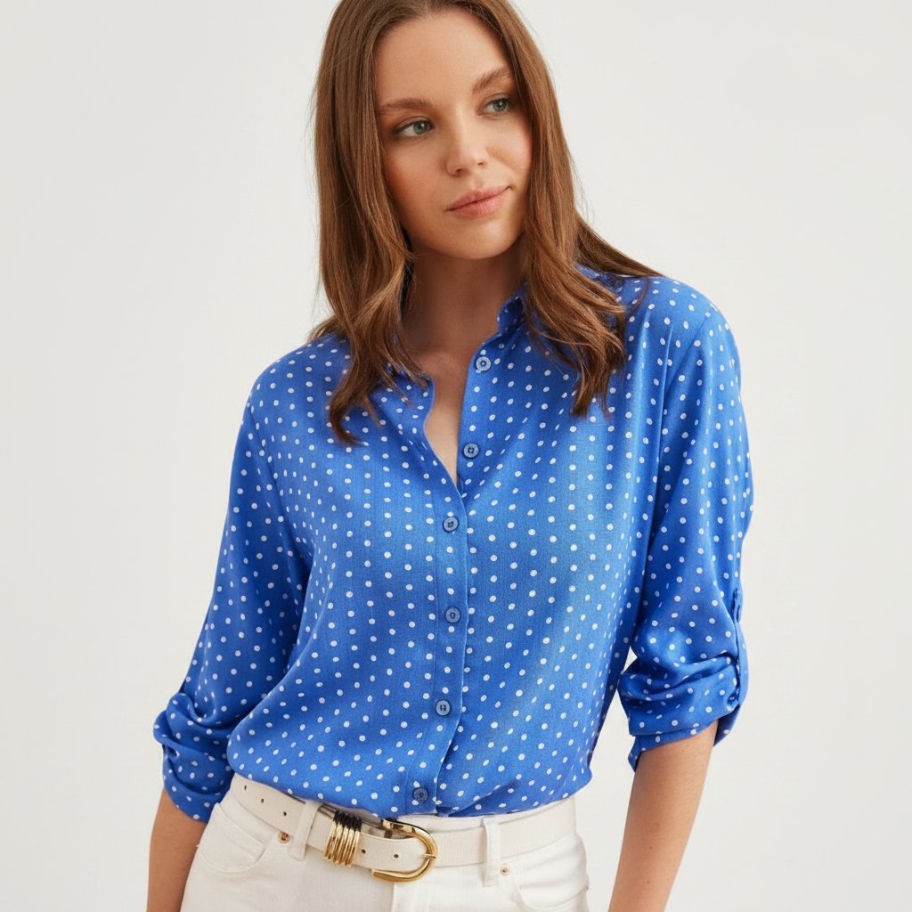 Très belle chemise bleue à pois blancs manches longues transformable en demi manches