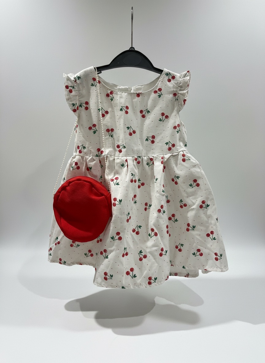 Robe blanche cerise avec sac 3 ans