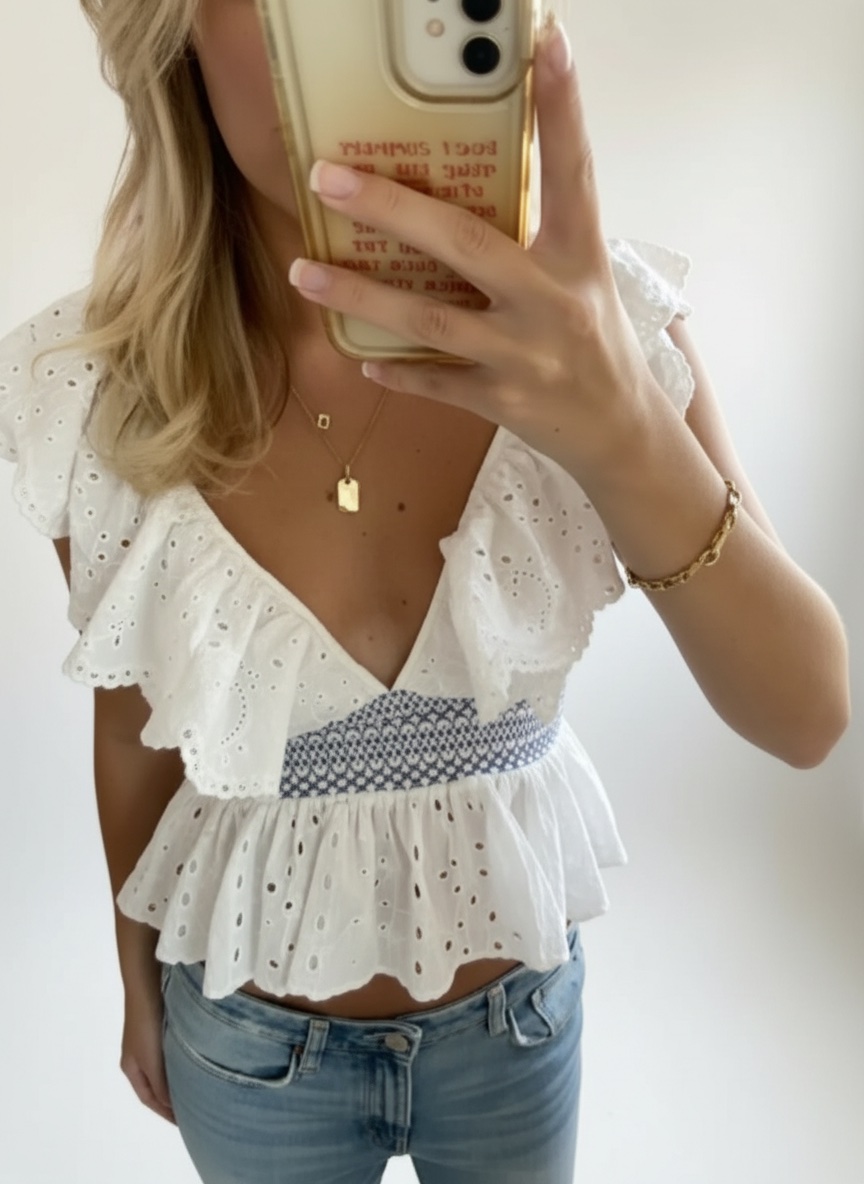 White eyelet flutter sleeve summer crop top from Zara. 