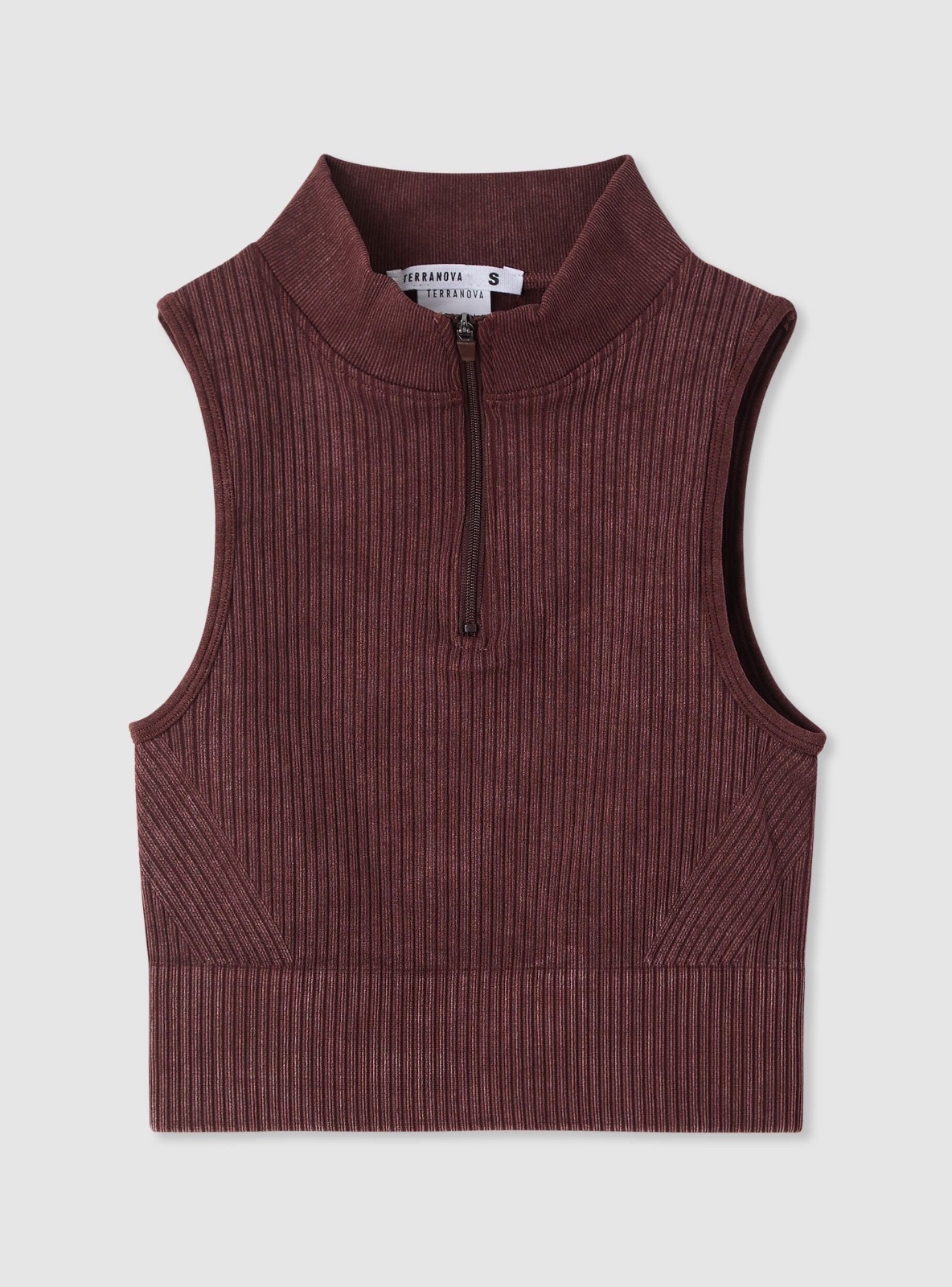 Brown ribbed sleeveless top with a high neck and front zipper from Stradivarius. 