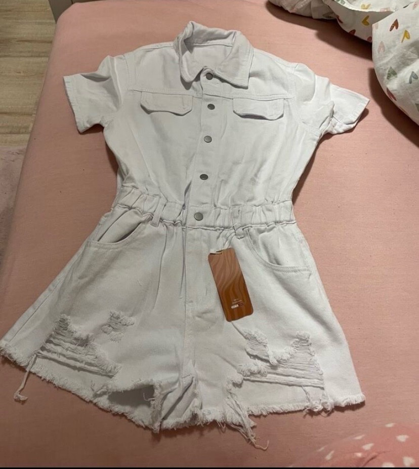 [92% Cotton] SHEIN SXY Button Front Ripped Raw Hem Denim Romper