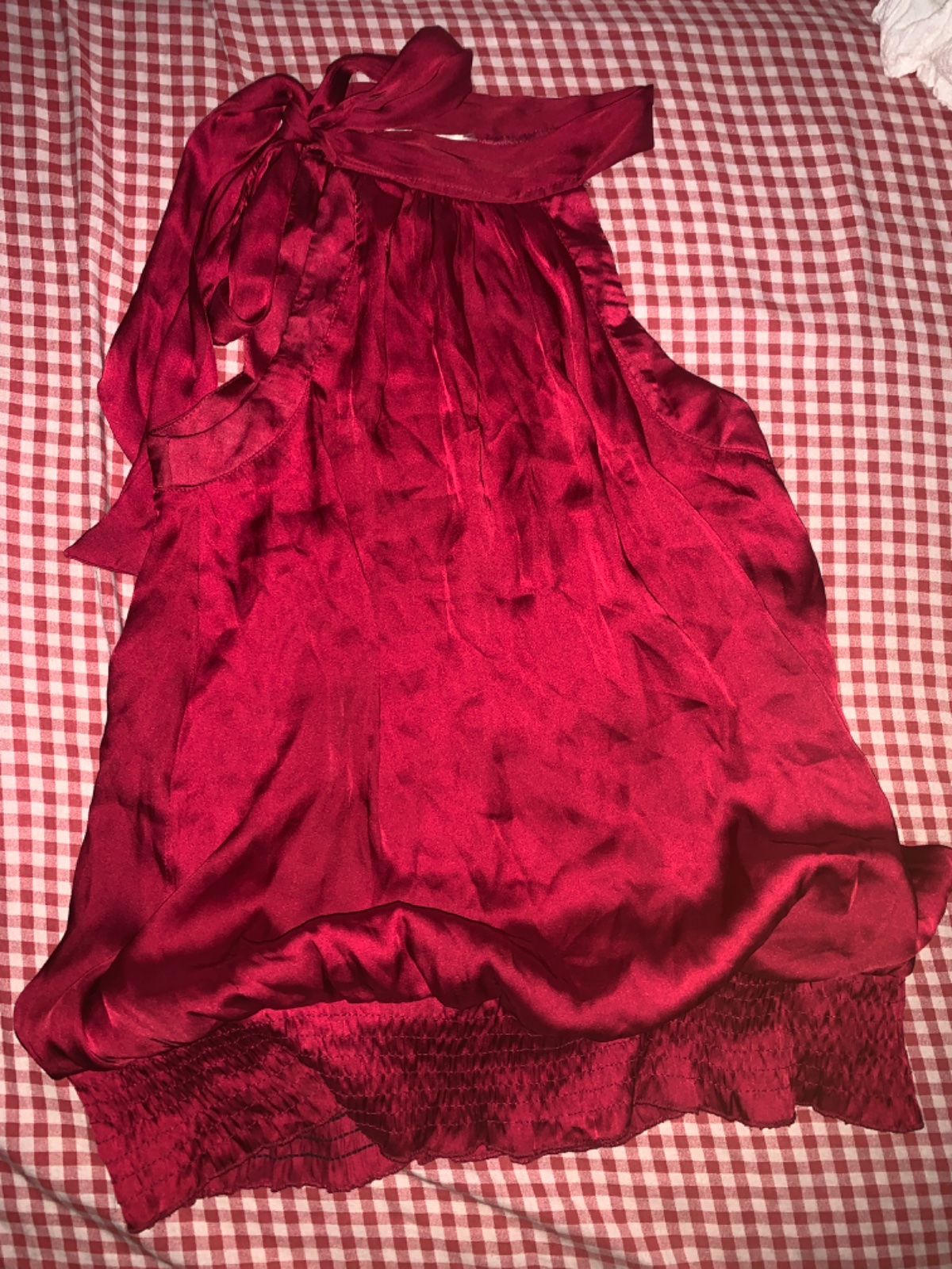 Burgundy red satin halter-neck top with a tie-up neck 