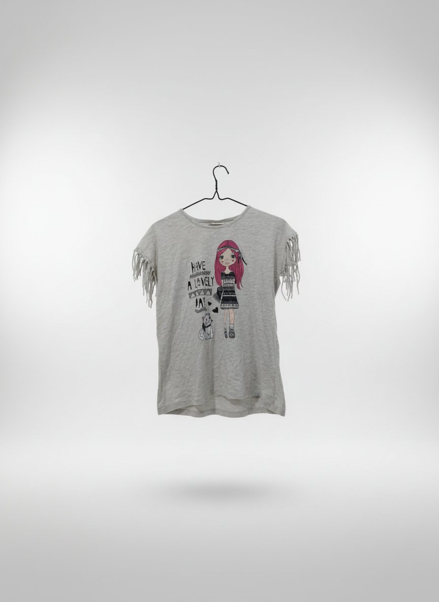 T-shirt Gris "Have a Lovely Day" avec Détails Franges
