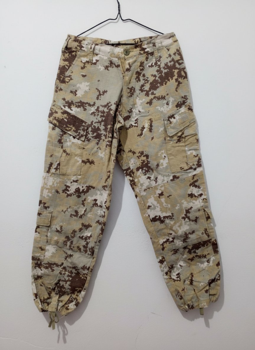 Pantalon cargo avec un motif de camouflage de type "désert numérique" (digital desert).