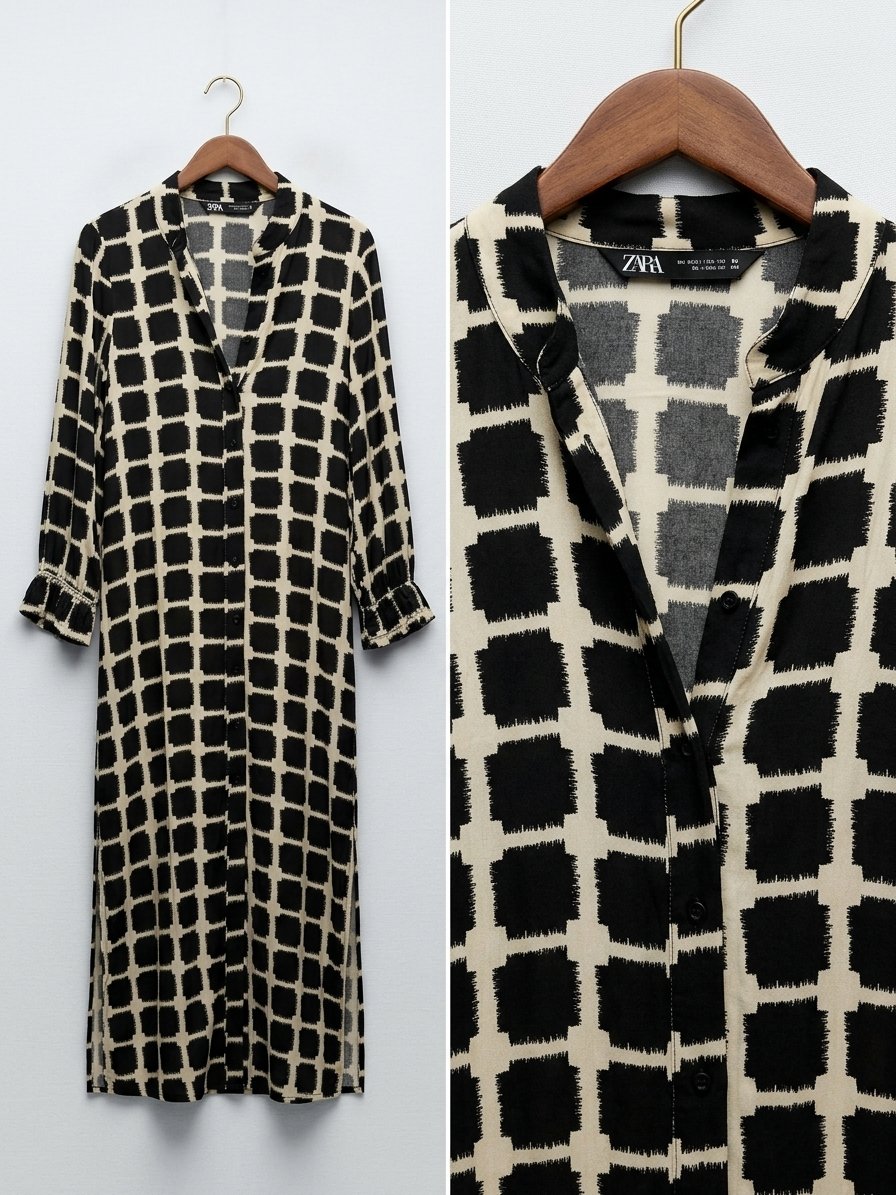 Robe longue chemise à carreaux graphiques ZARA
