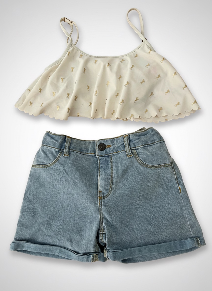 Haut de maillot Chloé 12 ans + short Coton 9 a 10ans (taille ajustable grâce aux élastiques).