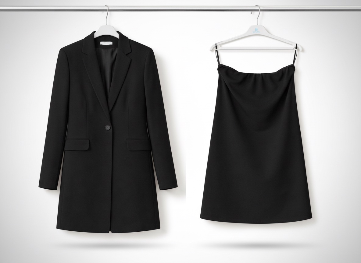 Ensemble noir épuré composé d’une veste longue et d’une jupe fluide