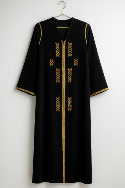 ✨ Robe Traditionnelle Noire – Broderies Dorées & Rouges ✨