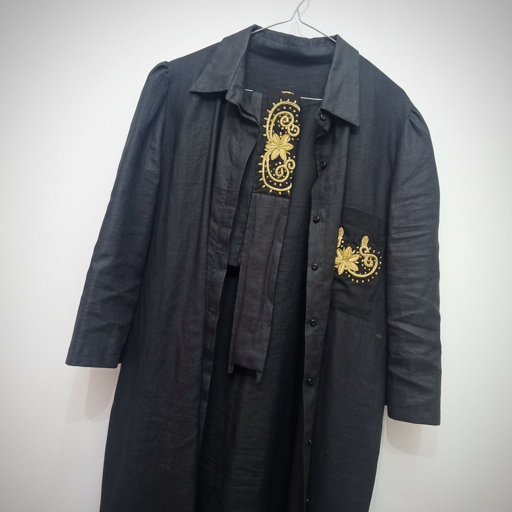 🌀🌀🌀 Malla tunique noir  a broderie " KONTIL"  dorée avec fil doré .achetee a 220dt.a l’intérieur  c’est la ceintures 
