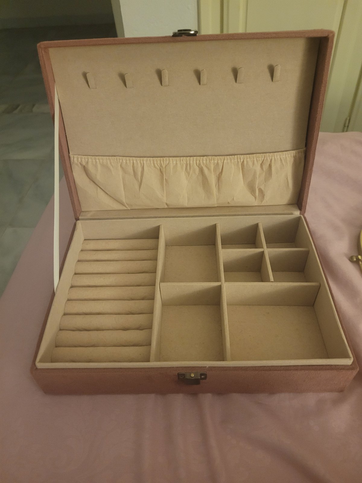 Lot boite a bijoux en velour + miroir doré double face pour maquillage