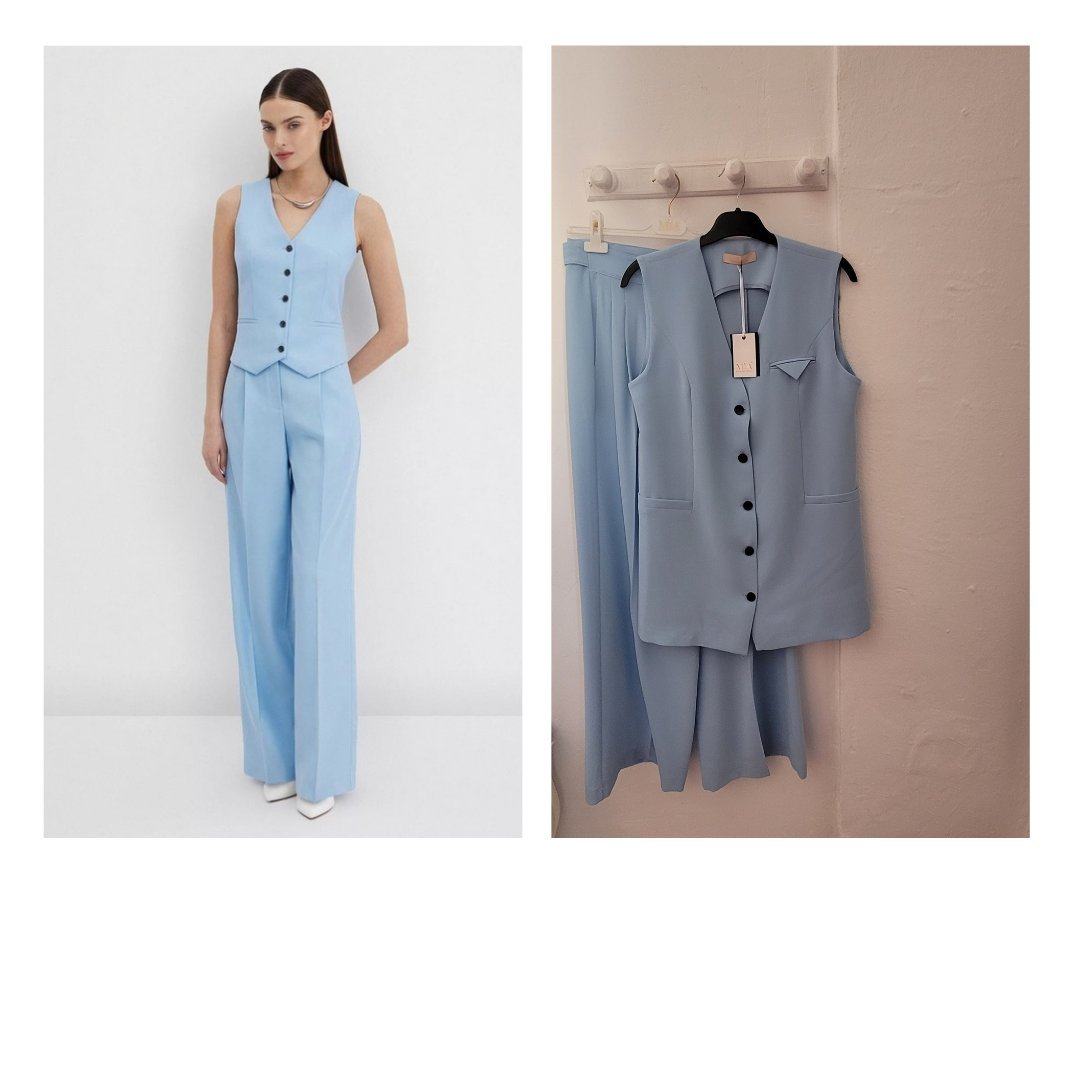 Ensemble bleu ciel ( Gilet + pantalon large taille haute) MIA neuf