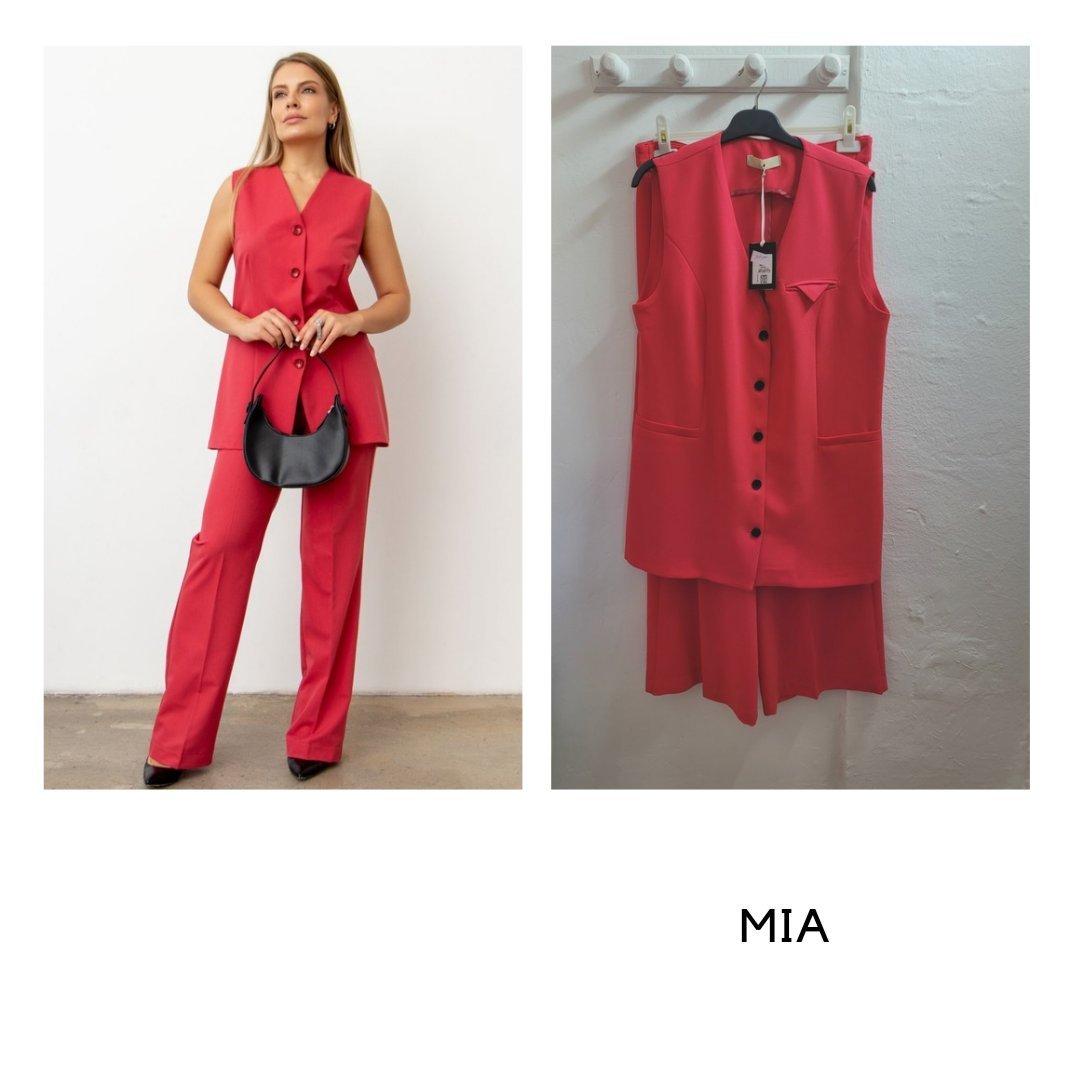 Ensemble rouge corail ( Gilet + Pantalon taille haute large) MIA neuf 