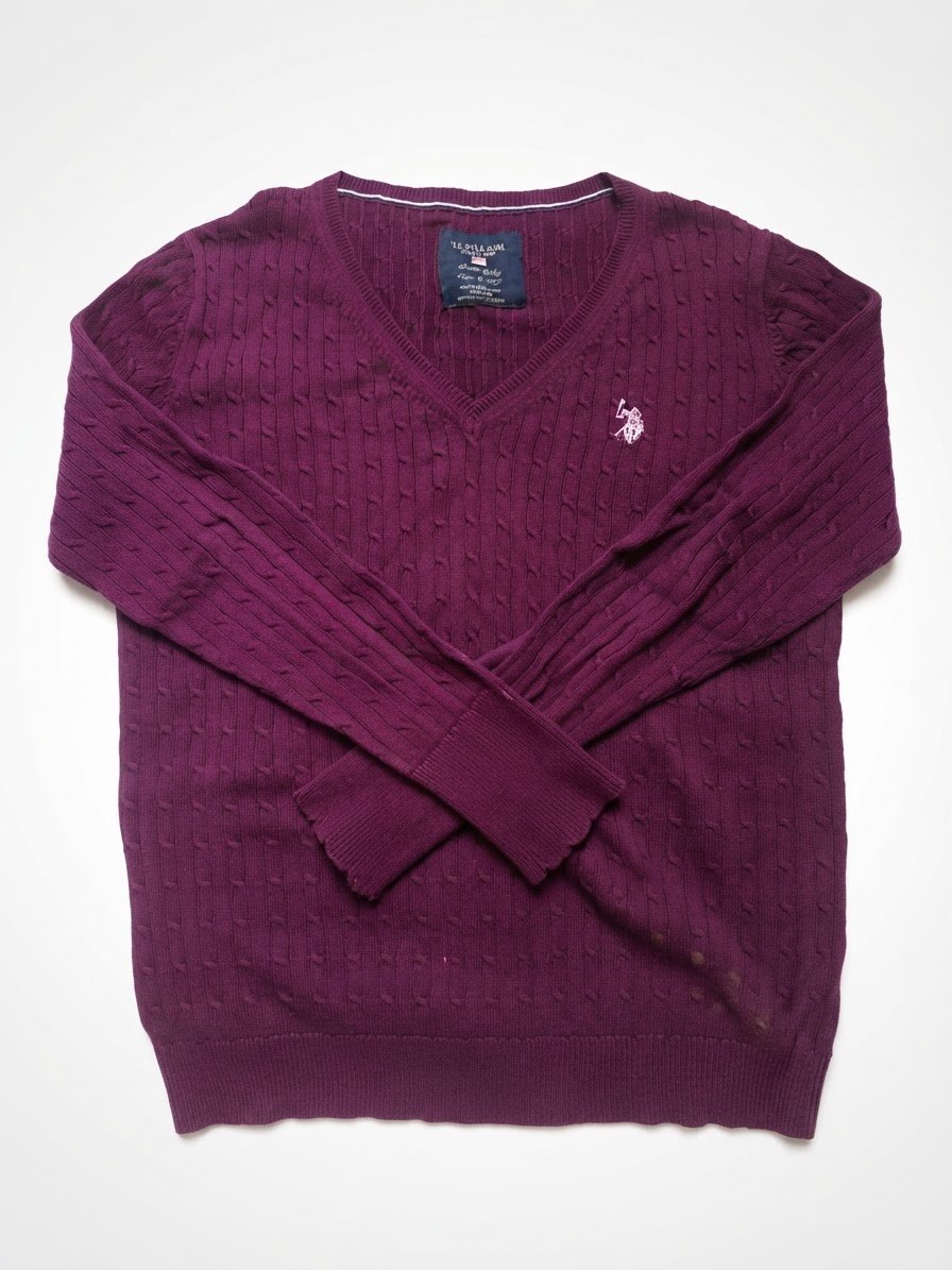 Womens Jumper Purple V-Neck Cable Knit 