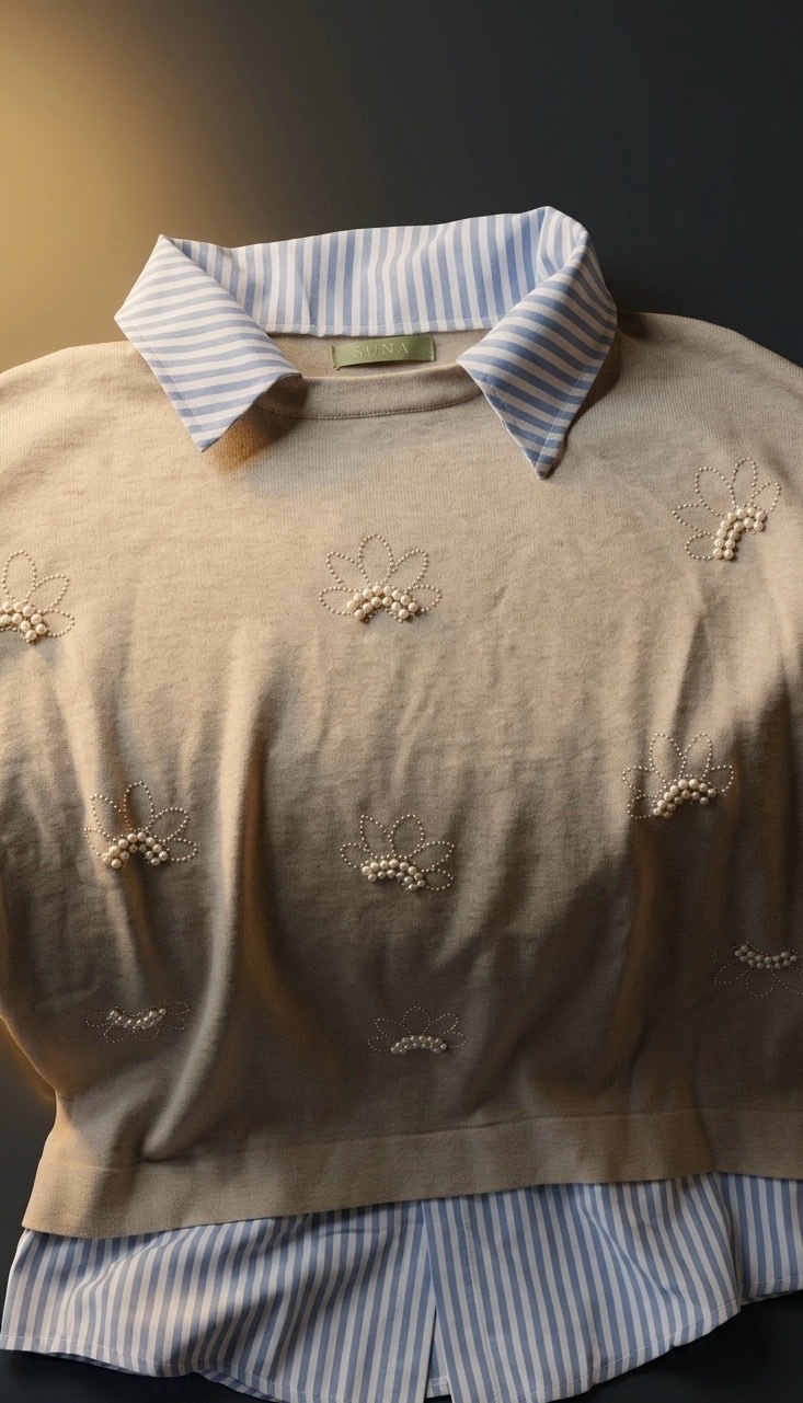Pull a chemise beige avec motifs perles soit en noir ou en blanc