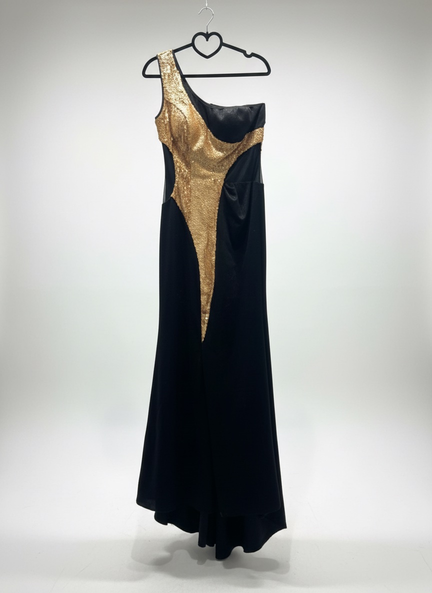 Robe noire et dorée soirée avec dentelle, importée 