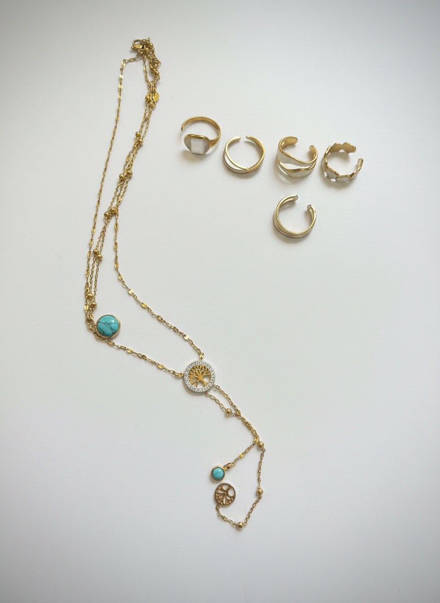 Un joli collier double et 5 bagues 