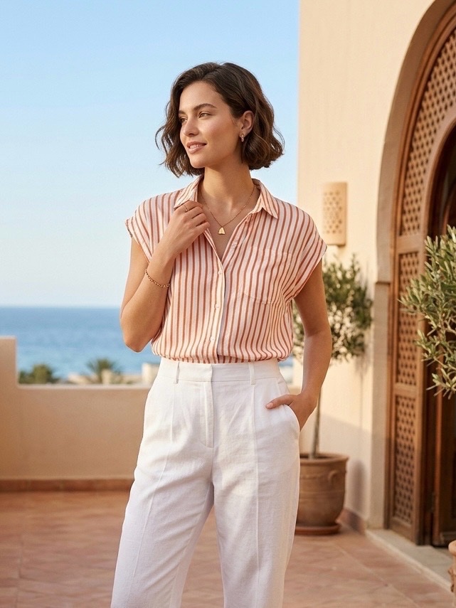 🍊 Chemise Fluide Sans Manches Rayée Orange et Blanc - Lefties