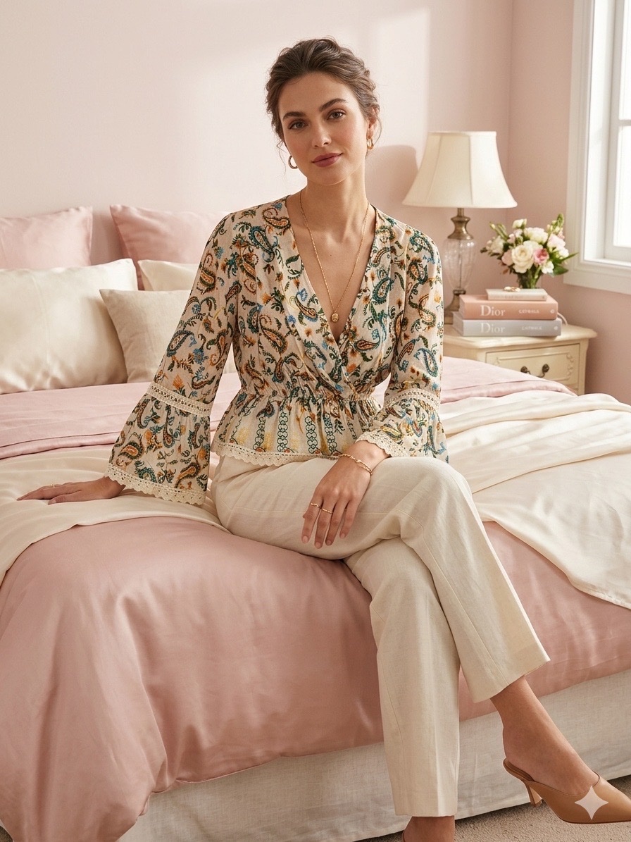 🌸 Chemise / Blouse Cache-Cœur Bohème Chic à Motif Paisley